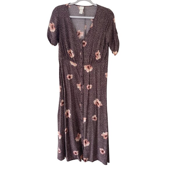 H&M Womens Floral V-Neck Midi Dress Size 6 Brown & Pink Rayon Lightweight - Picture 10 of 15